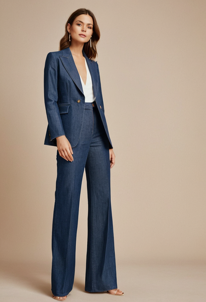 Elegant Denim Blazer & Wide-Leg Pants Set