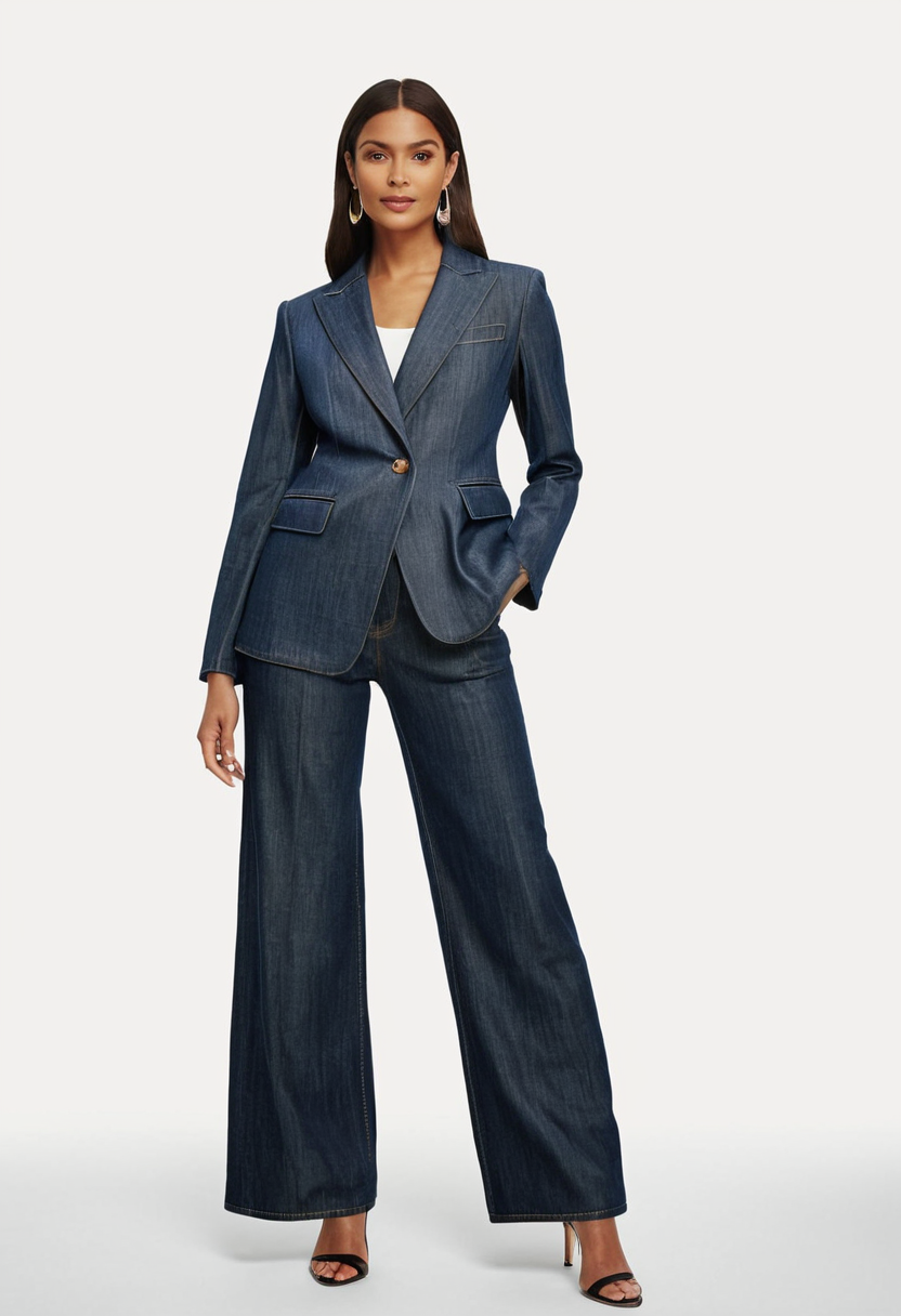 Elegant Denim Blazer & Wide-Leg Pants Set