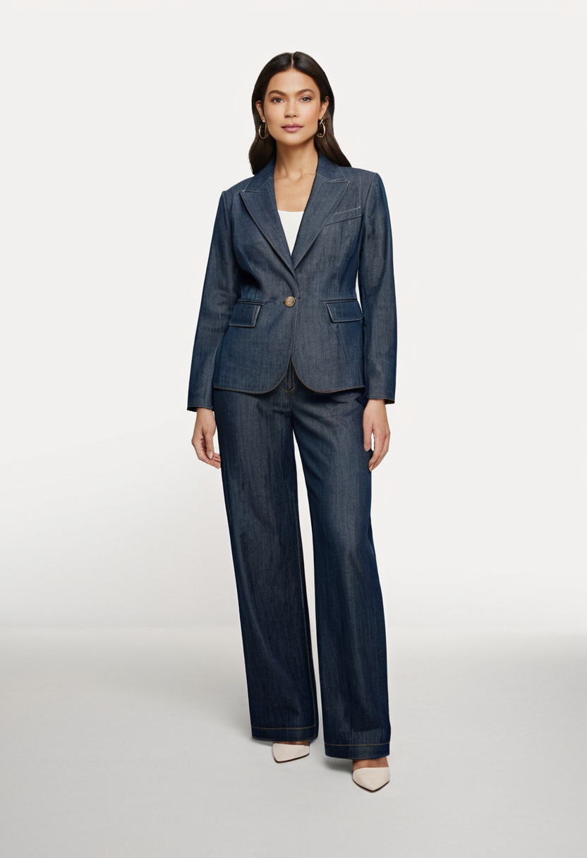 Elegant Denim Blazer & Wide-Leg Pants Set