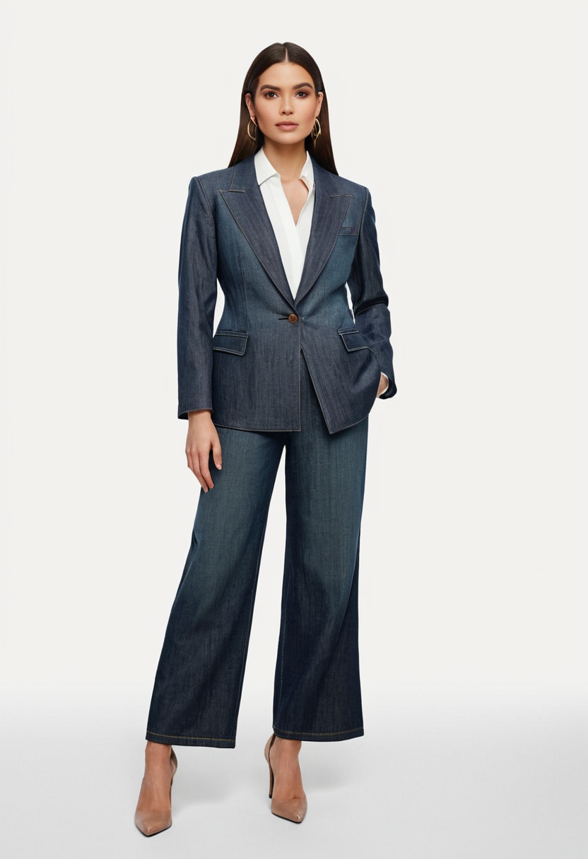 Elegant Denim Blazer & Wide-Leg Pants Set