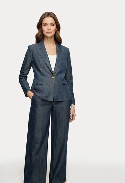 Elegant Denim Blazer & Wide-Leg Pants Set